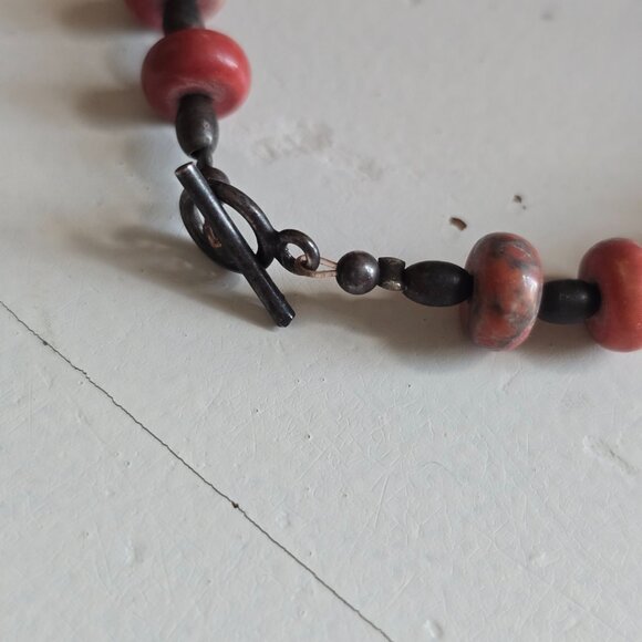 Natural Pink Rhodochrosite Etched Leaf Stone Beaded Necklace 15" - Picture 11 of 15